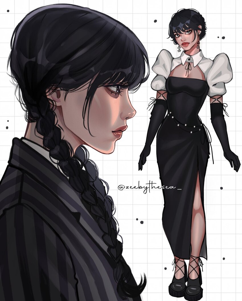 1girl, aegyo_sal, alternate_costume, black_dress, black_eyes, black_gloves, black_hair, black_shoes