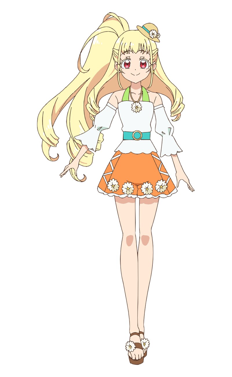 1girl, belt, blonde_hair, flower, full_body, hat, highres, jewelry