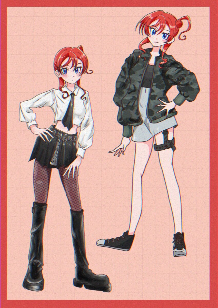 1girl, belt, black_boots, black_necktie, black_skirt, blue_eyes, boots, border