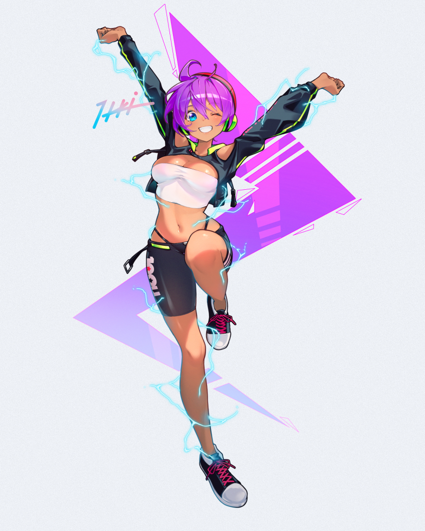 1girl, absurdres, arms_up, bike_shorts, black_shoes, blue_eyes, breasts, clothing_cutout, crop_top, cropped_hoodie, dark-skinned_female, dark_skin, electricity, headphones, high_voltage_shantae, highres, holographic_hair, hood, hoodie, itou_kazuki, long_hair, navel, one_eye_closed, panty_straps, ponytail, purple_hair, shantae, shantae_(series), shantae_advance:_risky_revolution, shoes, shoulder_cutout, smile, solo, standing, standing_on_one_leg, very_long_hair, white_background