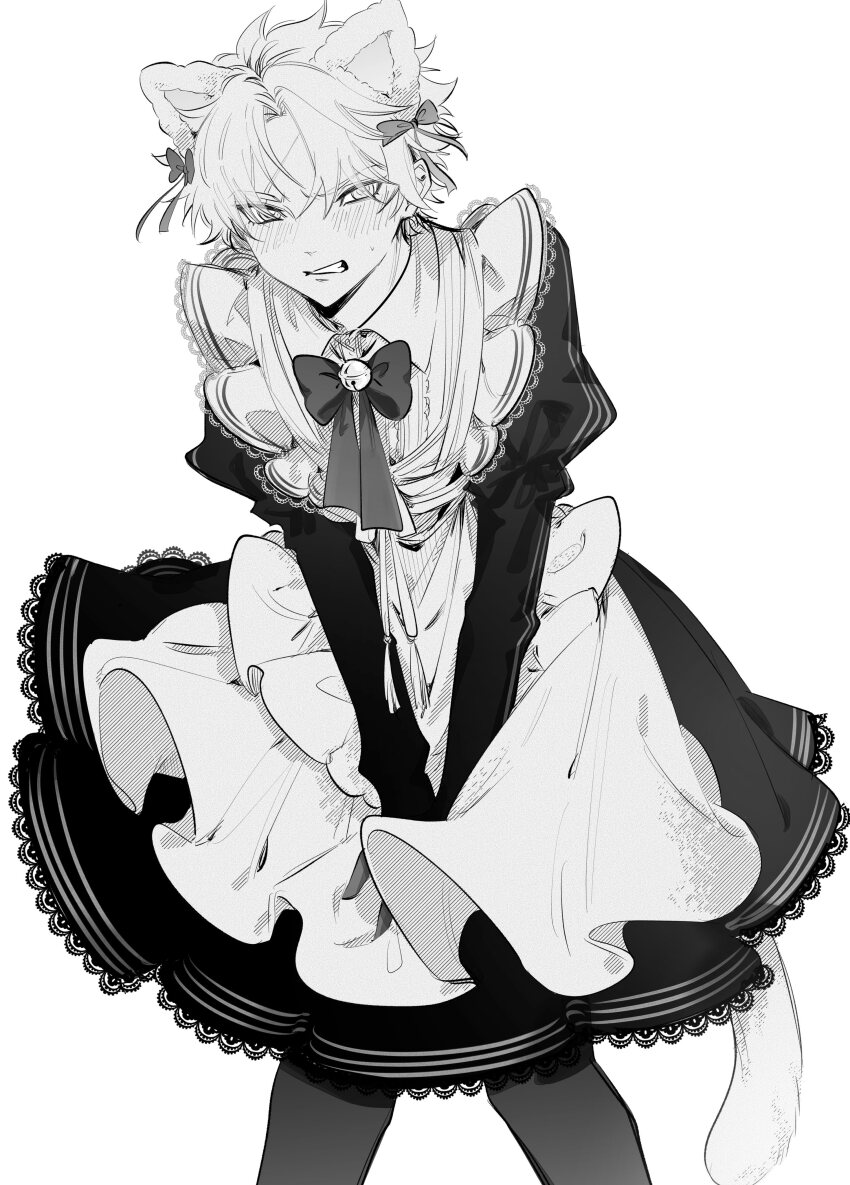 1boy, absurdres, alternate_costume, animal_ears, apron, bell, blush, cat_boy