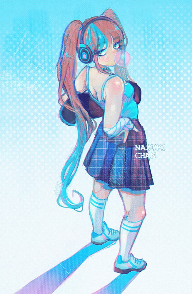 1girl, bandaged_arm, bandages, bare_shoulders, bead_necklace, beads, blowing_bubble_gum, blue_background