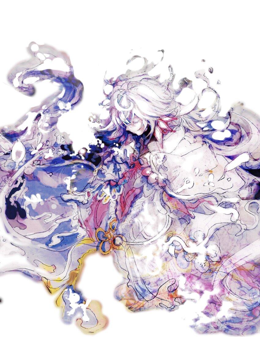 1boy, absurdres, closed_eyes, cropped_torso, fate/grand_order, fate_(series), highres, long_hair, long_sleeves, male_focus, merlin_(fate), robe, simple_background, solo, syamu18575, very_long_hair, white_background, white_hair, white_robe