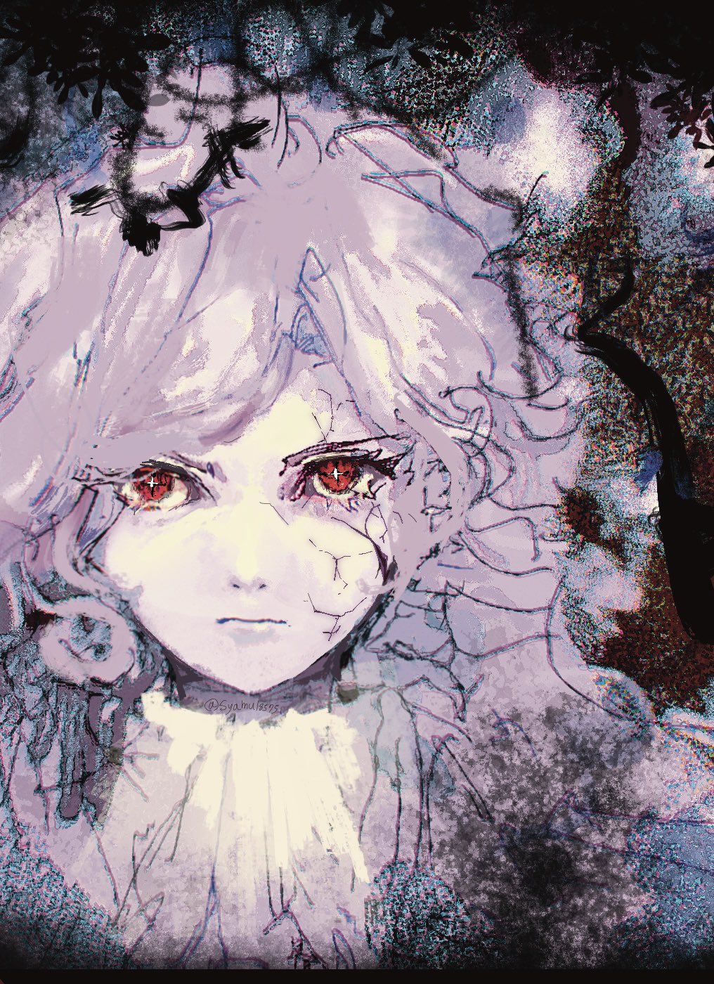 1boy, ascot, cracked_skin, cross-shaped_pupils, edmond_dantes_(fate), fate/grand_order, fate_(series), grey_hair, highres, looking_at_viewer, male_focus, portrait, red_eyes, solo, syamu18575, symbol-shaped_pupils, the_count_of_monte_cristo_(fate), white_ascot