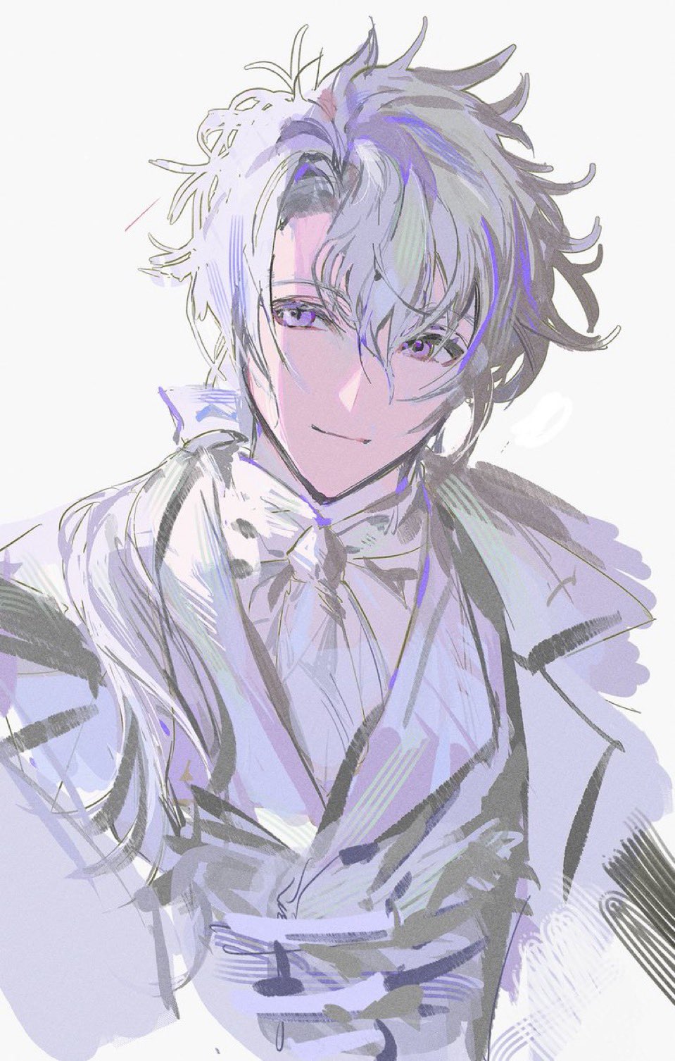 1boy, fate/grand_order, fate_(series), hair_between_eyes, highres, jacket, long_hair, looking_at_viewer, male_focus, merlin_(celebratory_attire)_(fate), merlin_(fate), ponytail, purple_eyes, shirt, simple_background, smile, solo, syamu18575, upper_body, white_background, white_hair, white_jacket, white_shirt