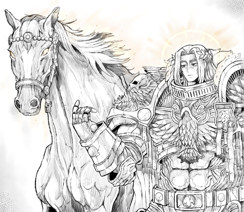1boy, absurdres, aquila_(symbol), armor, bucephalus_(warhorse), commentary, emperor_of_mankind, english_commentary, gauntlets, greyscale, hair_intakes, halo, highres, horse, monochrome, octosoup, pauldrons, plate_armor, purity_seal, real_life, shoulder_armor, skull_ornament, solo, spot_color, warhammer_40k