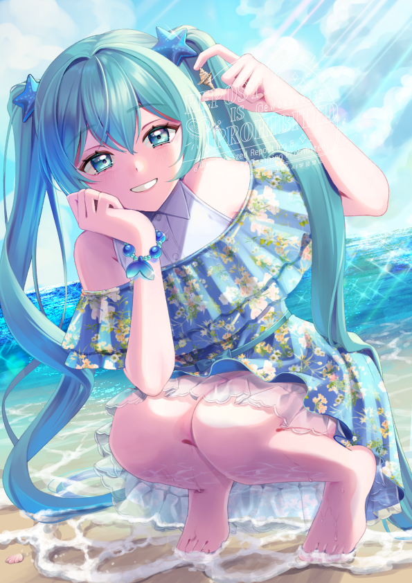 1girl, alternate_costume, aqua_eyes, aqua_hair, beach, blue_dress, bracelet, collared_shirt