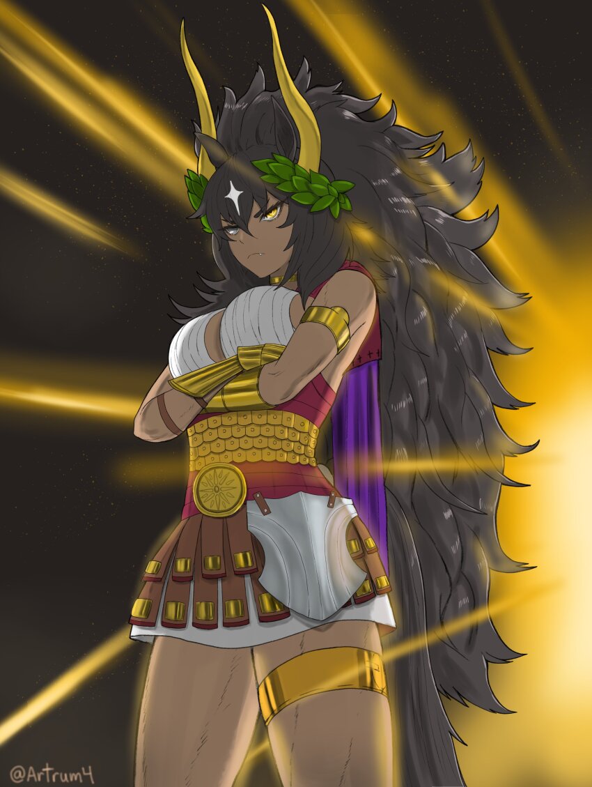 1girl, absurdres, animal_ears, armor, artrum4, bare_shoulders, black_hair, bucephalus_(warhorse), commentary, cow_horns, cowboy_shot, crossed_arms, dark-skinned_female, dark_skin, english_commentary, fang, fang_out, flipped_hair, genderswap, genderswap_(mtf), glowing, glowing_eye, greco-roman_clothes, grey_eyes, heterochromia, highres, horns, horse_ears, long_hair, multicolored_hair, original, personification, solo, twitter_username, two-tone_hair, vambraces, very_long_hair, white_hair, yellow_eyes