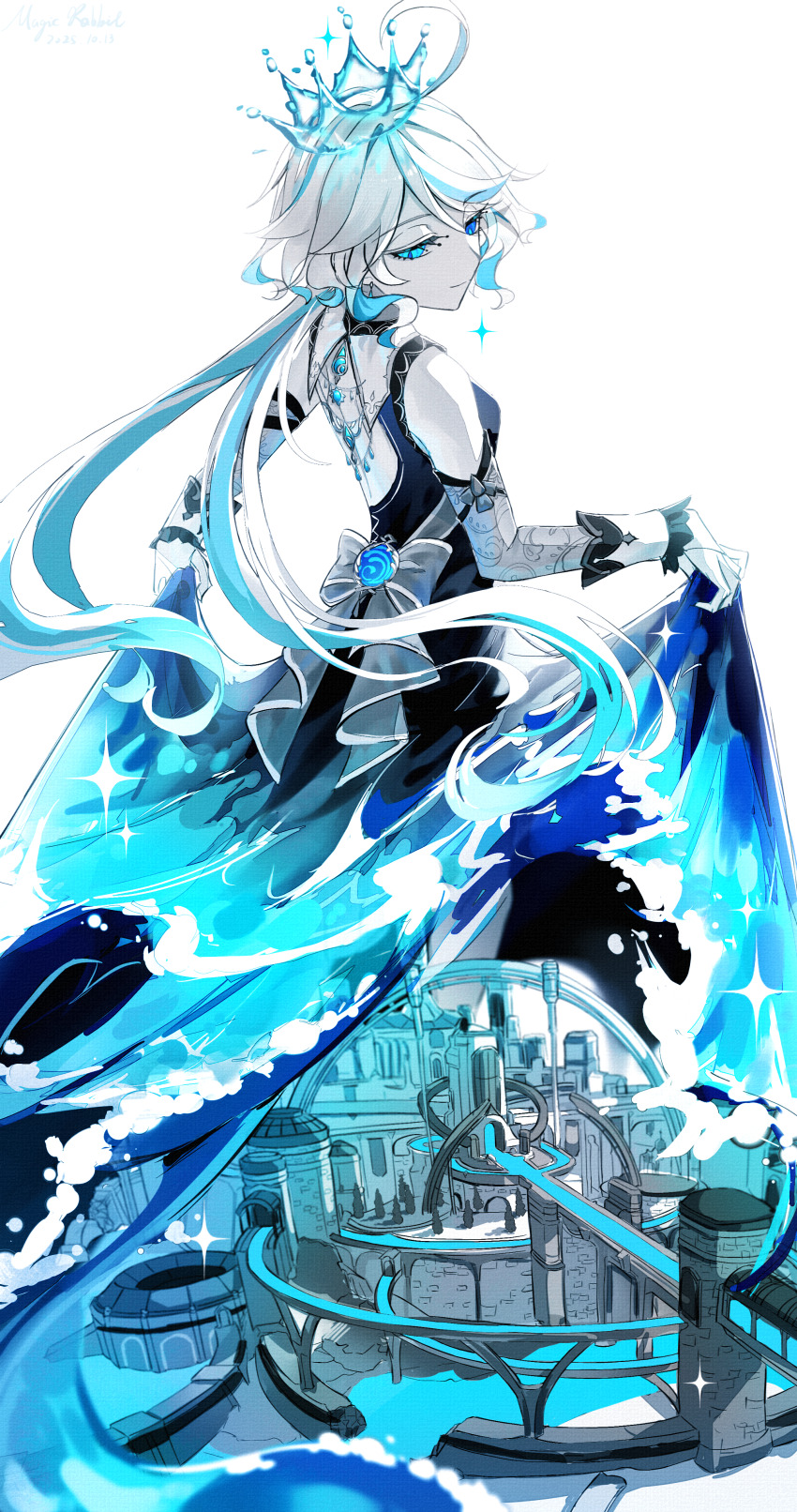 1girl, absurdres, ahoge, alternate_costume, artist_name, blue_eyes, blue_hair, blue_theme, bow, chinese_commentary, closed_mouth, clothes_lift, commentary_request, crown, dated, dress, dress_lift, drop-shaped_pupils, furina_(genshin_impact), genshin_impact, heterochromia, highres, huashijie_(medium), hydro_symbol_(genshin_impact), lifting_own_clothes, long_hair, magicrabbit49586, mismatched_pupils, multicolored_hair, solo, streaked_hair, symbol-shaped_pupils, very_long_hair, vision_(genshin_impact), white_background, white_hair, wrist_cuffs