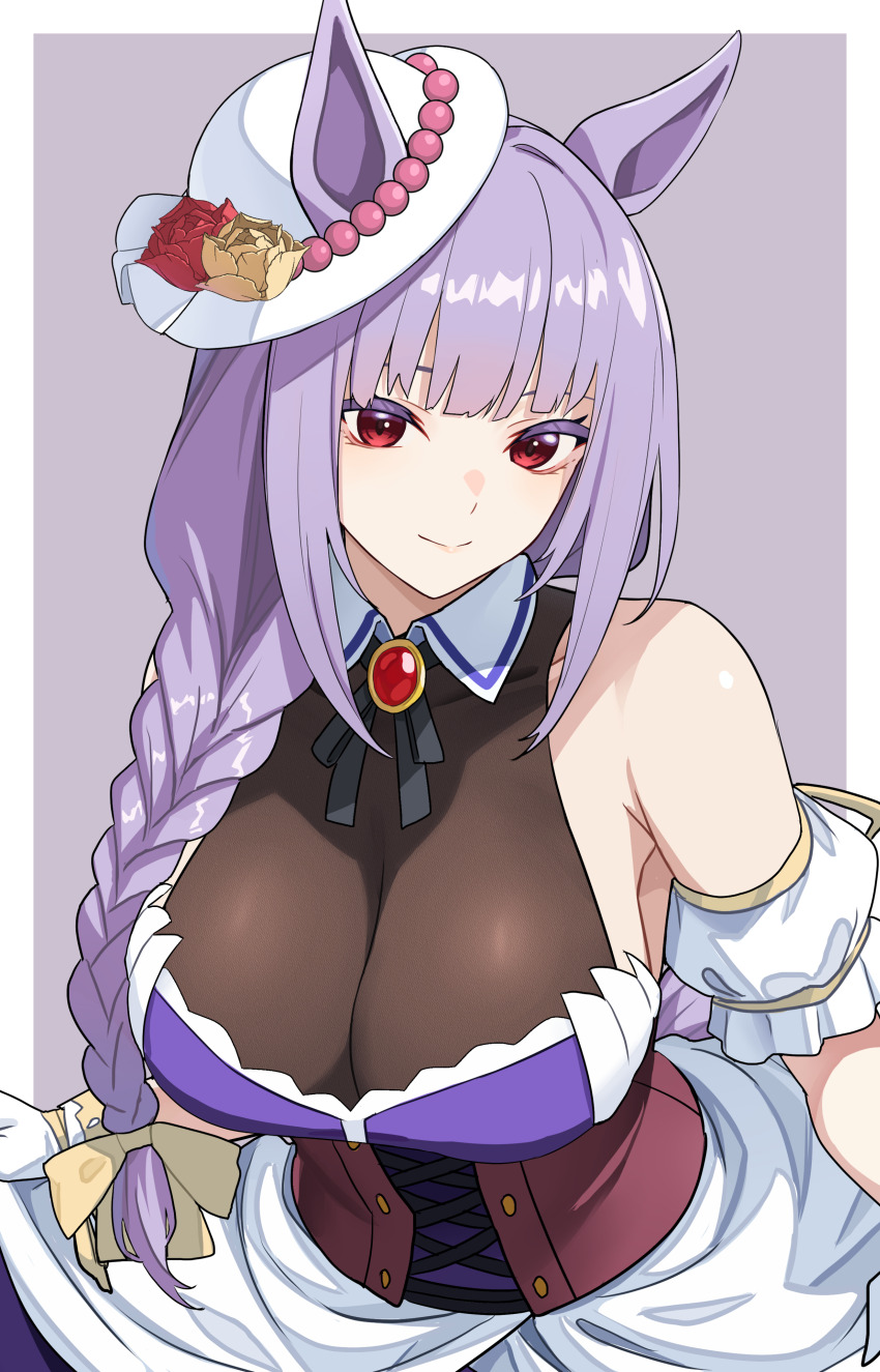 1girl, absurdres, animal_ears, bare_shoulders, braid, breasts, closed_mouth, corset