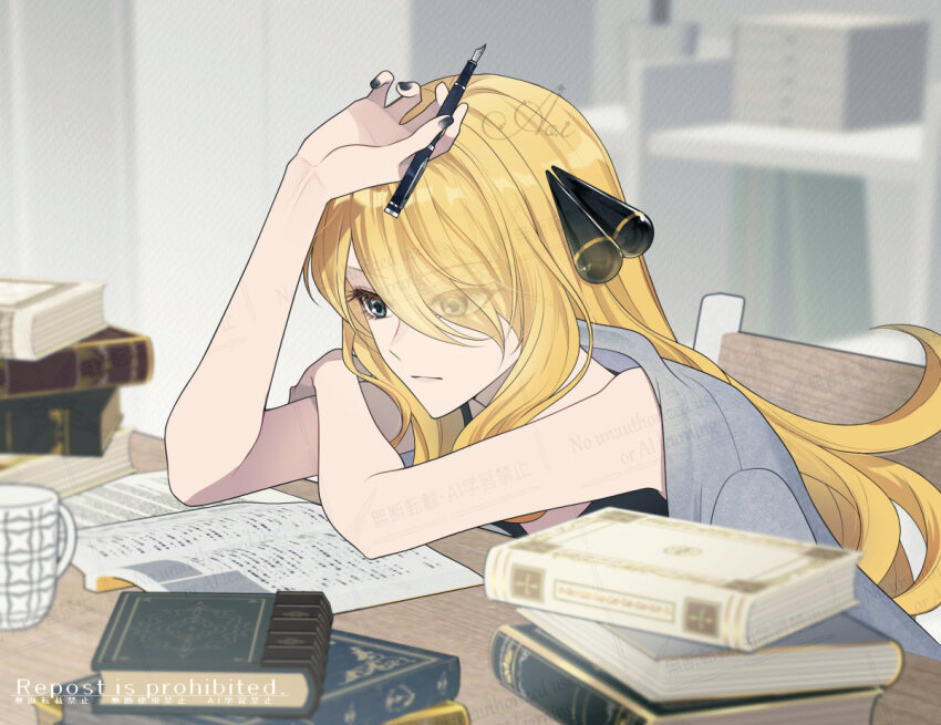 1girl, black_nails, blonde_hair, book, chair, closed_mouth, cup, cynthia_(pokemon)