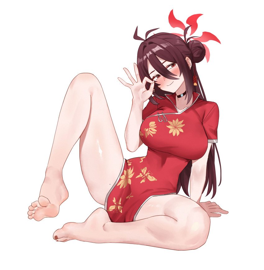 1girl, absurdres, barefoot, blue_archive, blush, brown_hair, china_dress, chinese_clothes