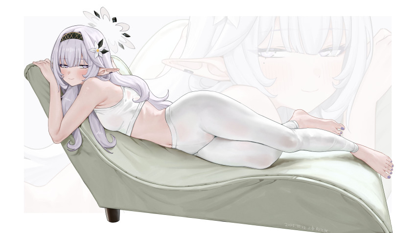 1girl, absurdres, barefoot, blue_archive, blush, feet, grey_hair, highres
