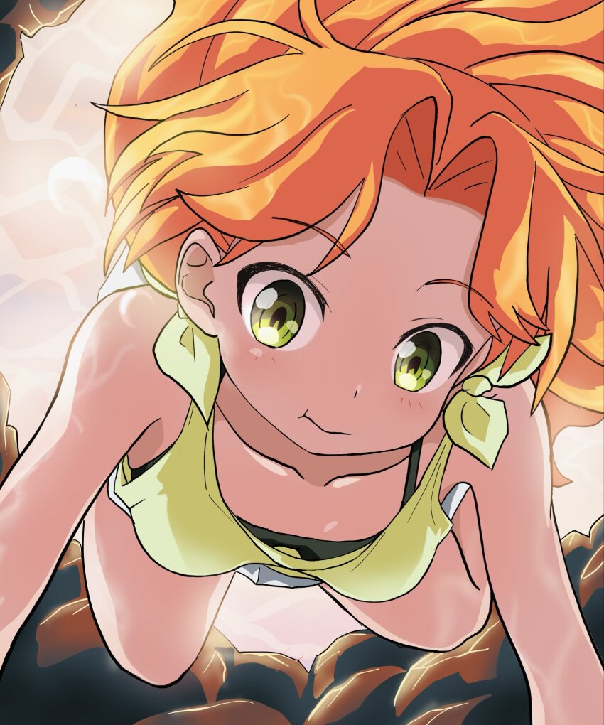 1girl, :t, air_bubble, bare_arms, bare_legs, bare_shoulders, breasts, bubble, collarbone, commentary, from_below, green_eyes, highres, holding_breath, long_hair, looking_at_viewer, masasim, orange_hair, ruri_no_houseki, small_breasts, smile, solo, tanigawa_ruri, underwater