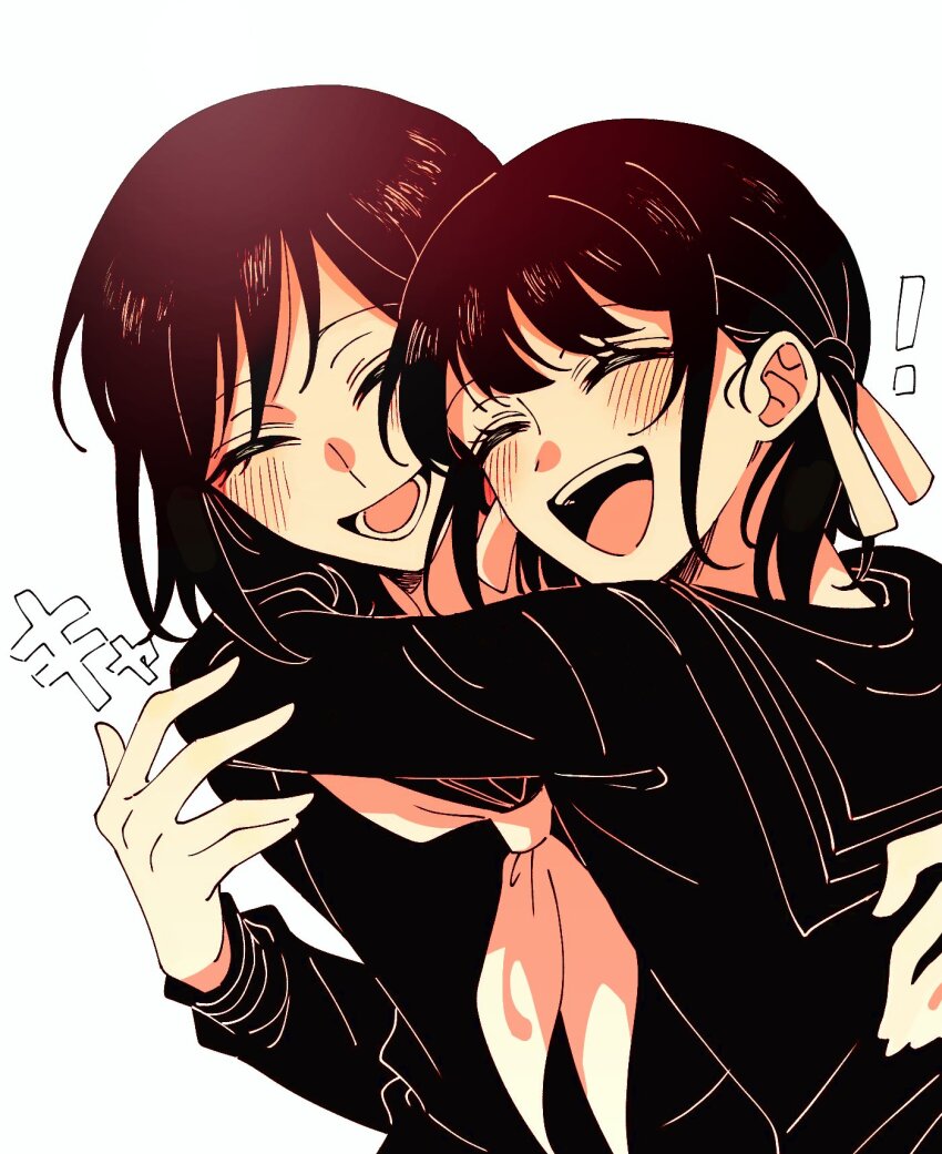 !, 2girls, ^_^, akaisi894, black_hair, blush, closed_eyes, commentary, hair_ribbon, highres, hug, igarashi_sakuko, long_sleeves, lower_teeth_only, multiple_girls, neckerchief, ribbon, sailor_collar, school_uniform, serafuku, shimizu_hinako, silent_hill_(series), silent_hill_f, smile, teeth, twintails, upper_teeth_only, white_background, yuri