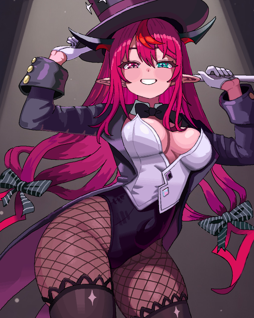 +_+, 1girl, adjusting_clothes, adjusting_headwear, aqua_eyes, black_bow, black_bowtie, black_hat, black_horns, black_jacket, black_leotard, black_thighhighs, blush, bow, bowtie, breasts, brown_pantyhose, bustier, cl_oor, commentary, covered_navel, fishnet_pantyhose, fishnets, gloves, grin, hair_bow, halo, hat, heterochromia, highres, holding, hololive, hololive_english, horns, irys_(hololive), jacket, leotard, long_hair, long_sleeves, looking_at_viewer, medium_breasts, multicolored_hair, pantyhose, pink_eyes, pink_hair, pixel_art, pointy_ears, red_hair, red_horns, ringmaster, smile, solo, streaked_hair, striped_bow, teeth, thighhighs, thighhighs_over_pantyhose, thighs, twintails, two-tone_hair, virtual_youtuber, white_bustier, white_gloves, white_halo