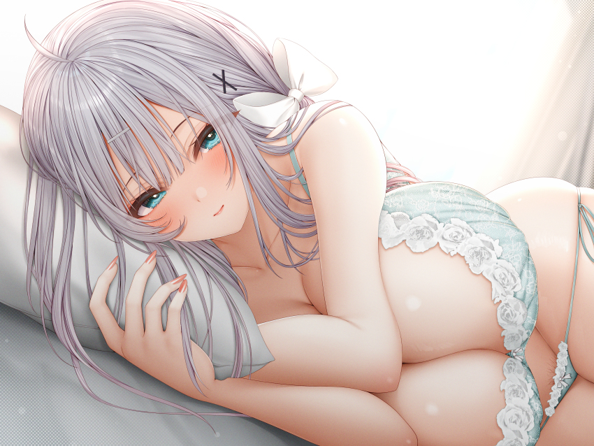 1girl, absurdres, aqua_bra, bed, blue_eyes, blush, bra, breasts