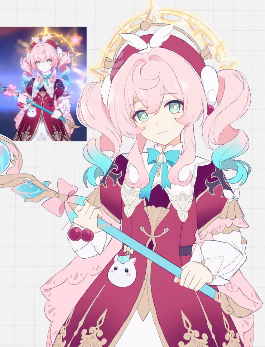 1girl, beret, bow, derivative_work, dress, drill_hair, floral_print, game_screenshot_inset