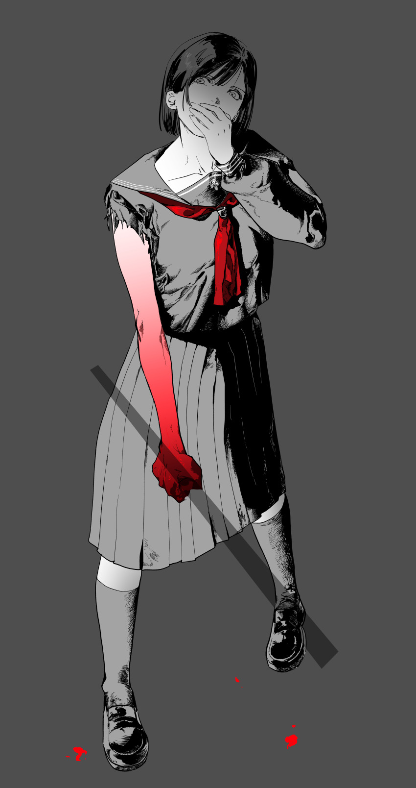 1girl, absurdres, blood, bob_cut, collarbone, covering_own_mouth, full_body, grey_background