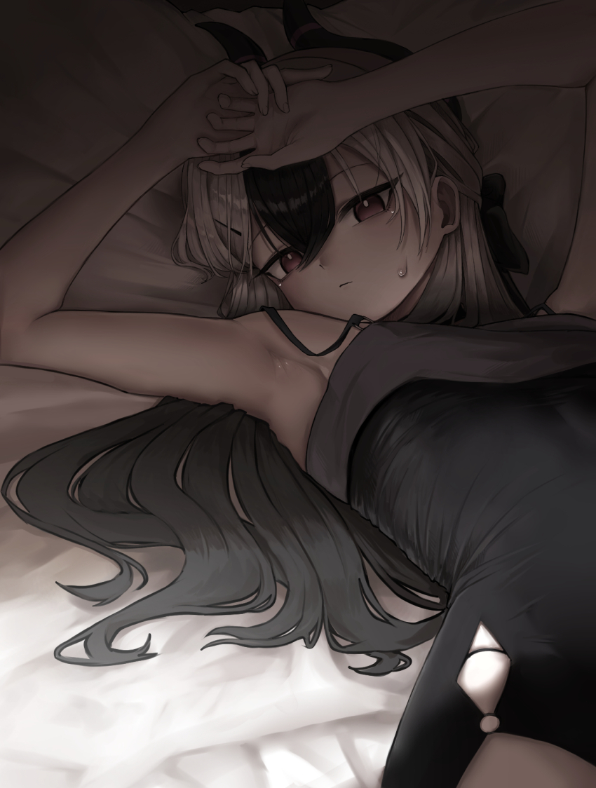 armpits, black_dress, black_hair, black_horns, blue_archive, demon_horns, dress, gradient_hair, grey_hair, halo, hands_on_own_head, highres, horns, kayoko_(blue_archive), kayoko_(dress)_(blue_archive), lazy_jeyuk_bokkeum, long_hair, looking_at_viewer, lying, multicolored_hair, official_alternate_costume, on_back, strap_slip, white_hair