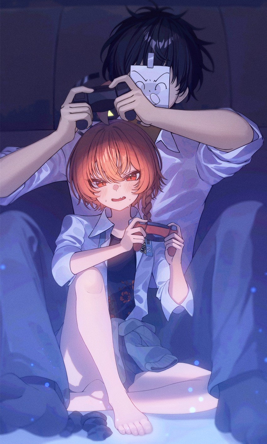 1boy, 1girl, absurdres, barefoot, black_hair, black_jacket, black_pants, black_shirt