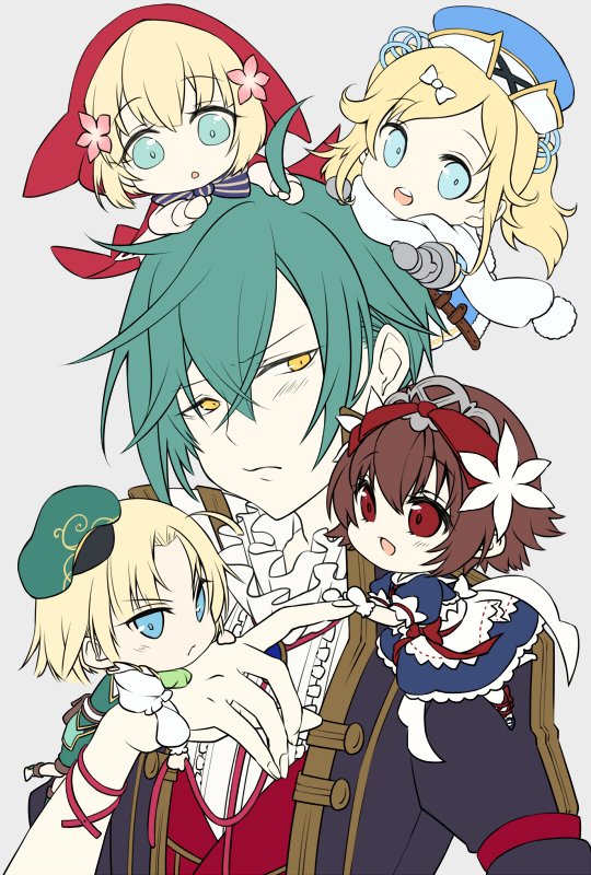 2boys, apron, aqua_hair, black_jacket, black_shoes, blonde_hair, blue_dress, blue_eyes