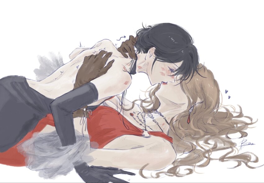 2girls, augustus_(path_to_nowhere), backless_dress, backless_outfit, black_dress, black_gloves, black_hair, blush, breasts, brown_hair, chief_(path_to_nowhere), choryu_desu, cleavage, closed_eyes, commentary_request, dress, earrings, elbow_gloves, female_chief_(path_to_nowhere), gloves, hand_on_another's_back, hand_on_another's_neck, heart, highres, jewelry, kiss, korean_commentary, large_breasts, lipstick_mark, lipstick_mark_on_face, lipstick_mark_on_neck, lipstick_mark_on_shoulder, multiple_girls, necklace, path_to_nowhere, red_dress, simple_background, trembling, white_background, yuri