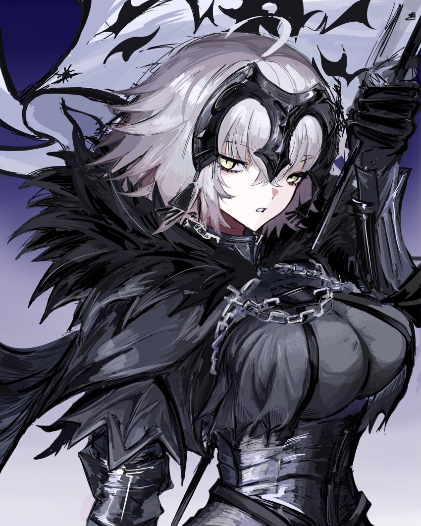 1girl, absurdres, armor, armored_dress, black_cloak, black_dress, breast_curtains, breasts, chain, cloak, collar, dress, fate/grand_order, fate_(series), flag, fur-trimmed_cloak, fur_trim, gauntlets, grey_hair, headpiece, highres, jeanne_d'arc_alter_(avenger)_(fate), jeanne_d'arc_alter_(avenger)_(first_ascension)_(fate), jeanne_d'arc_alter_(fate), large_breasts, looking_at_viewer, metal_collar, plackart, polearm, short_hair, solo, tiritumo_21, weapon, yellow_eyes
