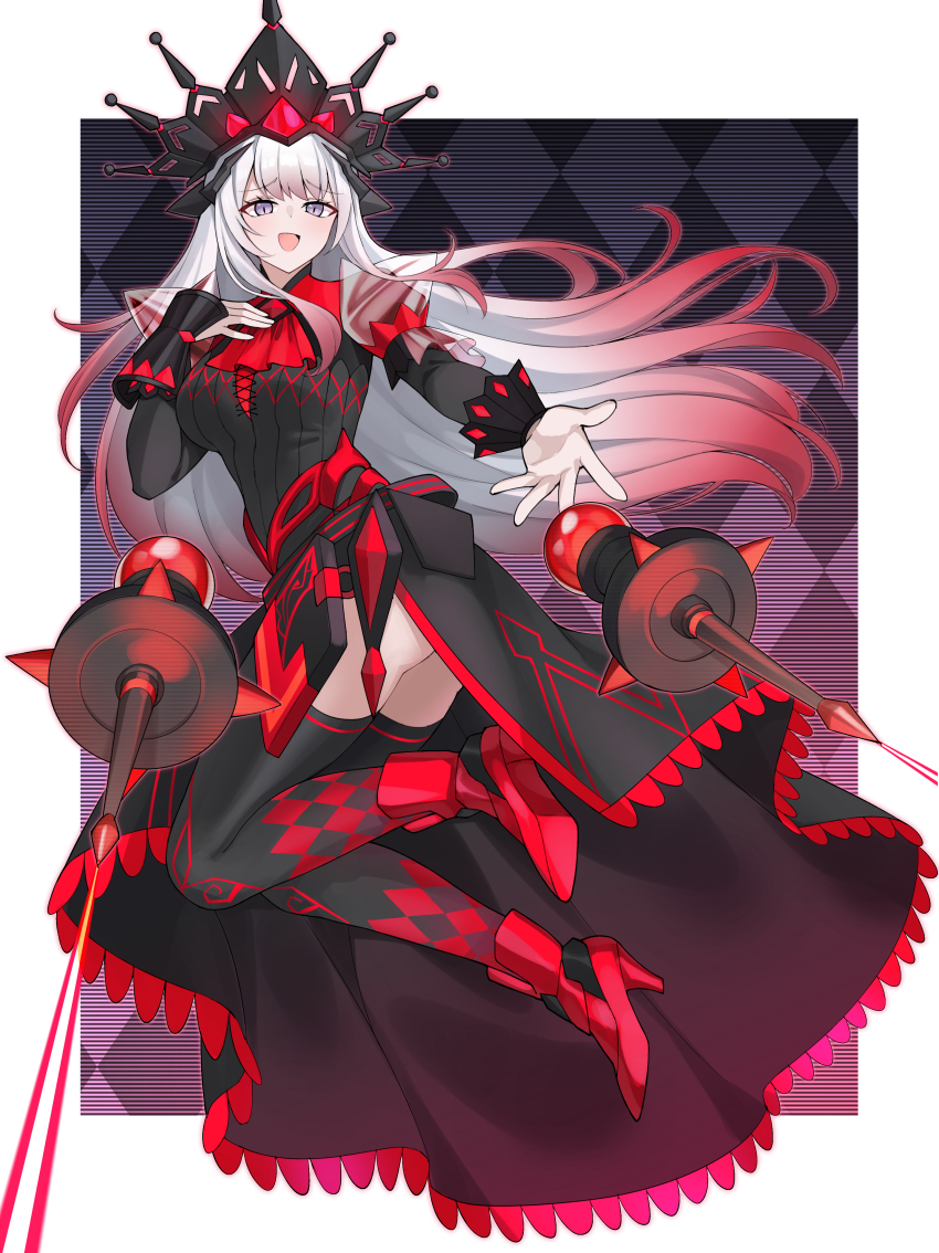 1girl, absurdres, black_dress, black_thighhighs, breasts, checkered_background, checkered_clothes, checkered_legwear