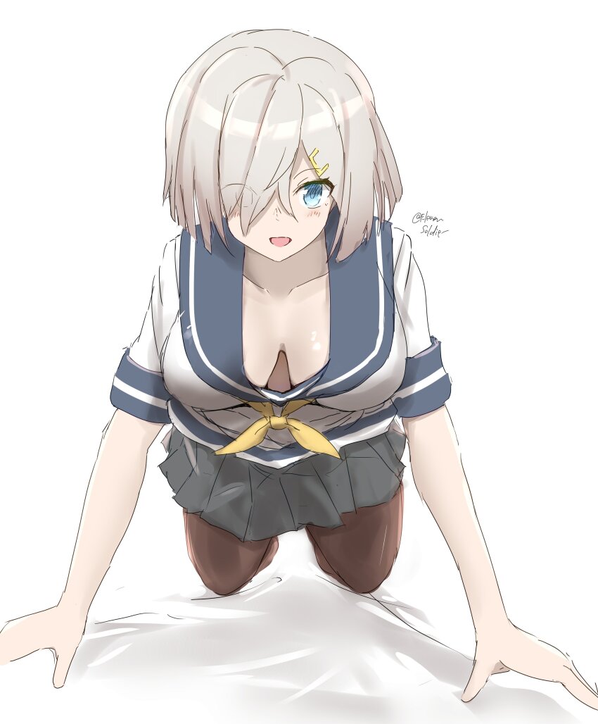 1girl, absurdres, all_fours, black_pantyhose, blue_eyes, blush, breasts, cleavage, gloves, grey_hair, grey_sailor_collar, grey_skirt, hair_ornament, hair_over_one_eye, hairclip, hamakaze_(kancolle), highres, kantai_collection, large_breasts, looking_at_viewer, minoa_11touhei, neckerchief, on_bed, open_mouth, pantyhose, pleated_skirt, sailor_collar, school_uniform, serafuku, short_hair, short_sleeves, skirt, solo, white_background, white_gloves, yellow_neckerchief