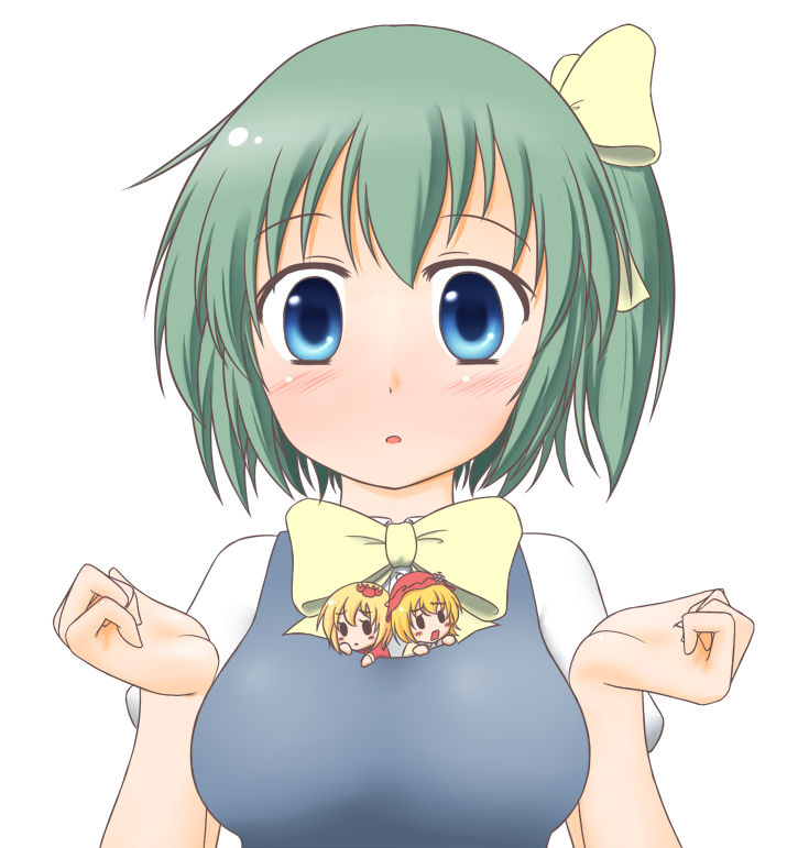 3girls, aki_minoriko, aki_sandwich, aki_shizuha, between_breasts, blonde_hair, blue_eyes, blush