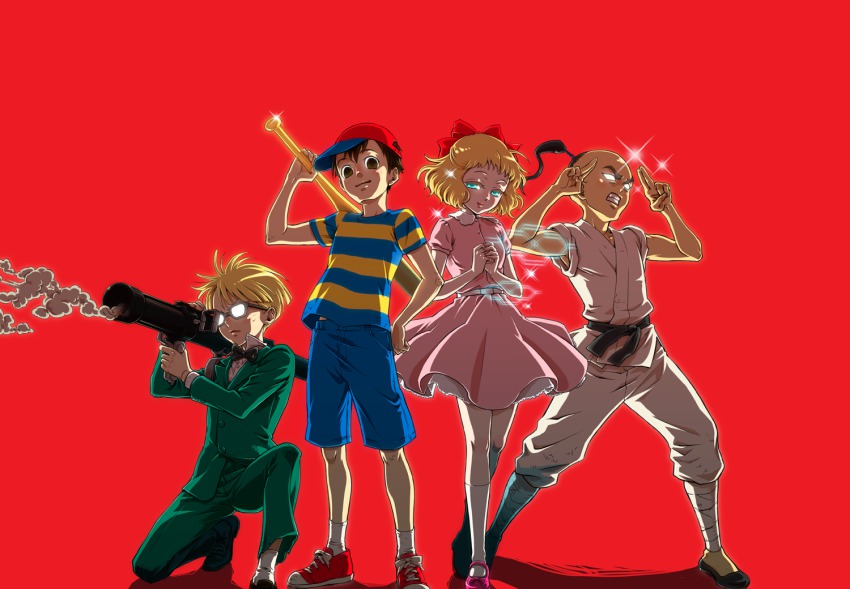 1girl, 3boys, aqua_eyes, bad_id, bad_pixiv_id, baseball_bat, black_hair, blonde_hair, bow, bowtie, child, dress, glasses, hair_bow, hat, jeff_andonuts, kyotuka, m1_bazooka, mother_(series), mother_2, multiple_boys, ness_(mother_2), nintendo, paula_(mother_2), poo_(mother_2), ribbon, rocket_launcher, shadow, simple_background, smoke, sparkle, weapon