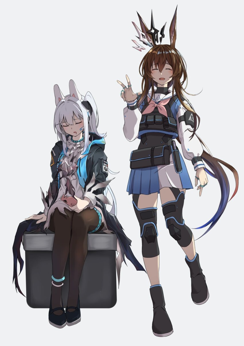 2girls, :d, amiya_(arknights), amiya_(arknights)_(cosplay), animal_ear_hairband, animal_ears, anklet, arknights