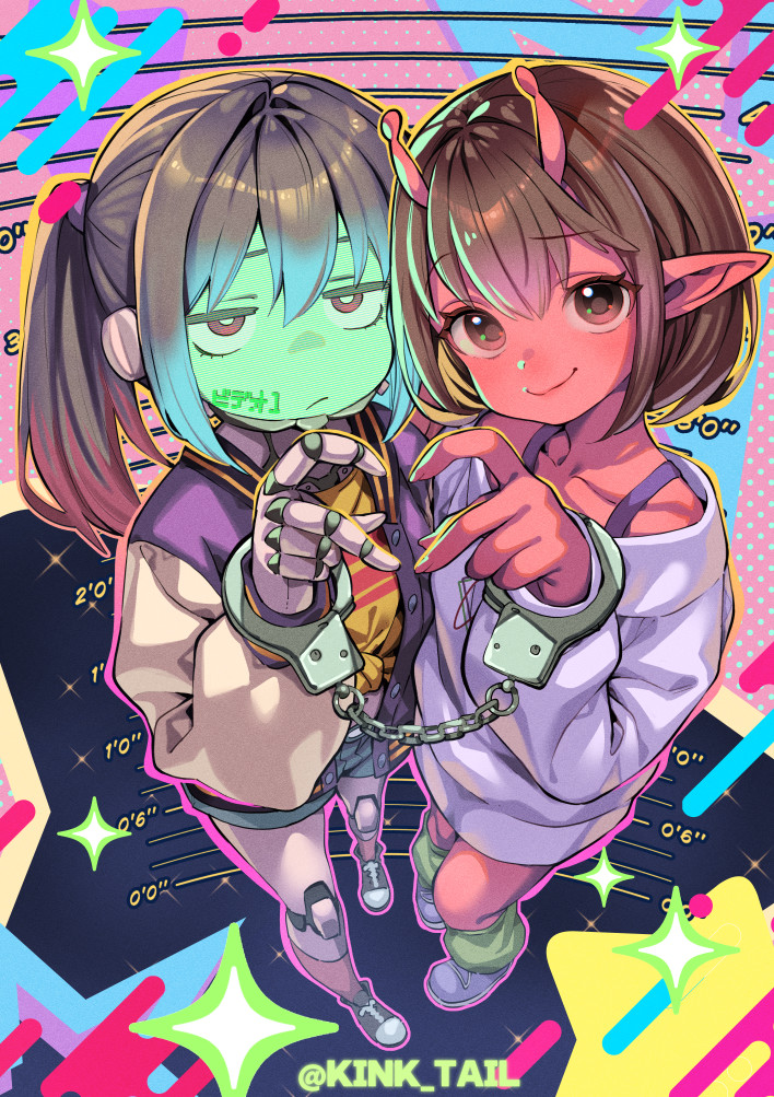 2girls, antennae, artist_name, brown_eyes, brown_hair, cuffs, denim, denim_shorts