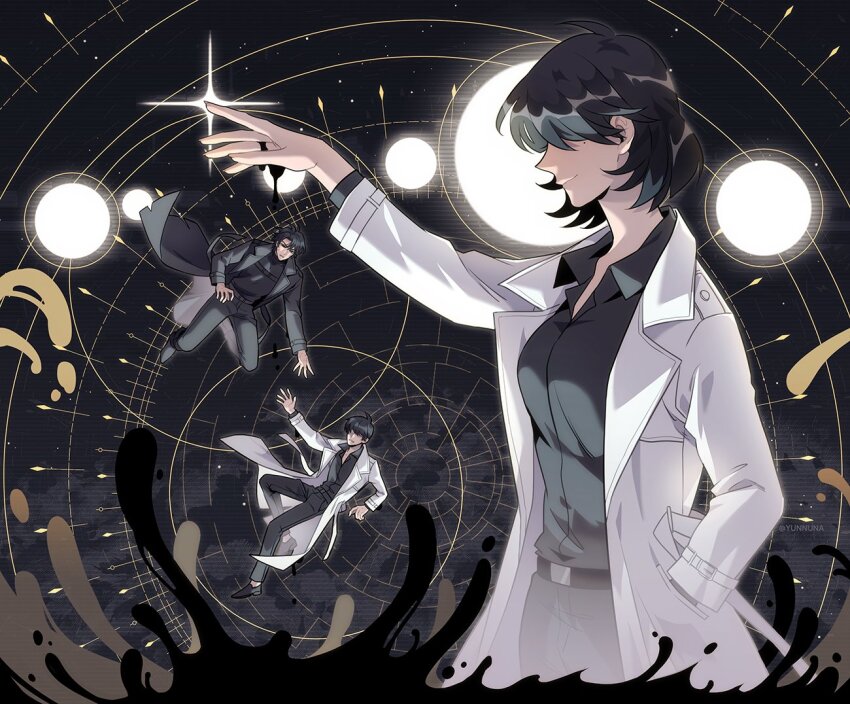 1girl, 2boys, black_coat, black_hair, black_shirt, coat, collared_shirt, falling