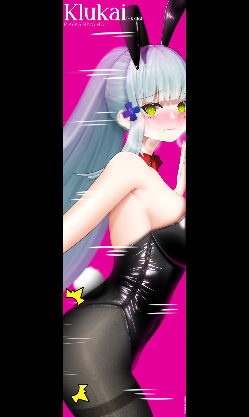 1girl, 45sensei, absurdres, animal_ears, arm_behind_back, bare_shoulders, black_leotard, blue_hair, blush, breasts, character_name, covered_navel, cross, facepaint, from_side, frown, girls'_frontline, girls'_frontline_2:_exilium, green_eyes, hair_ornament, hairclip, hand_up, heart, heart-shaped_pupils, highres, hk416_(girls'_frontline), iron_cross, klukai_(girls'_frontline_2), leaning_forward, leotard, long_hair, looking_at_viewer, medium_breasts, pantyhose, playboy_bunny, ponytail, rabbit_ears, rabbit_hole_(vocaloid), rabbit_tail, skin_tight, solo, strapless, strapless_leotard, symbol-shaped_pupils, tail, teardrop, thighs, very_long_hair