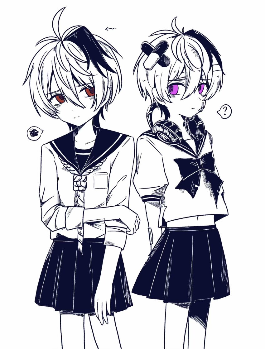 2girls, 7umu91, ?, ahoge, arm_behind_back, bags_under_eyes, bandaid, bandaid_on_arm, bandaid_on_cheek, bandaid_on_face, black_hair, bow, closed_mouth, crop_top, dot_nose, dual_persona, flower_(vocaloid), flower_(vocaloid4), greyscale, hair_between_eyes, headphones, headphones_around_neck, highres, hitosama_allergy_(vocaloid), hand_on_own_arm, long_sleeves, looking_at_another, miniskirt, monochrome, multicolored_hair, multiple_girls, navel, noose_necktie, pill_hair_ornament, pleated_skirt, puffy_short_sleeves, puffy_sleeves, purple_eyes, red_eyes, sad, school_uniform, serafuku, shirt, short_hair, short_sleeves, simple_background, skirt, sleeves_rolled_up, spoken_question_mark, spoken_squiggle, spot_color, squiggle, streaked_hair, two-tone_hair, venom_(vocaloid), vocaloid, white_background, white_hair