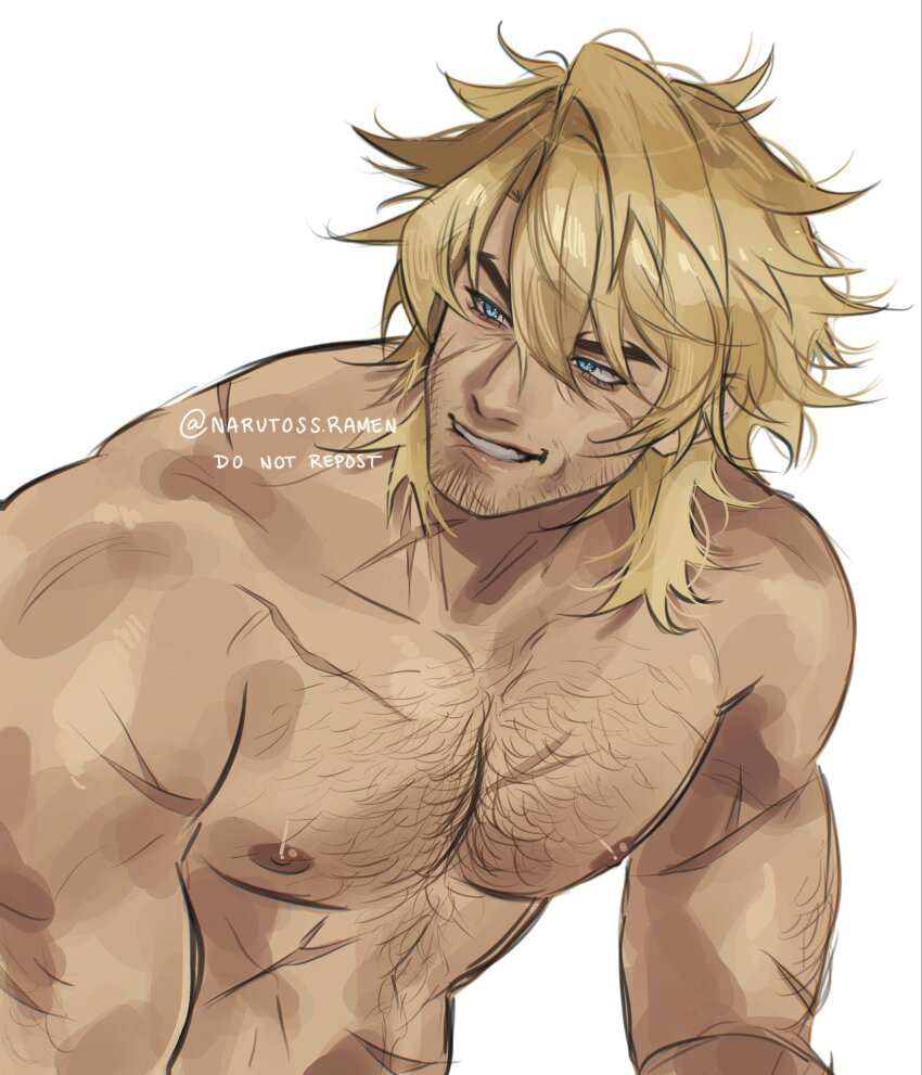1boy, aged_up, arm_hair, artist_name, bara, beard_stubble, biceps, blue_eyes, brown_hair, chest_hair, cross_scar, dark_nipples, facial_hair, facial_scar, forked_eyebrows, genshin_impact, grin, hair_between_eyes, highres, looking_ahead, male_focus, mature_male, medium_hair, messy_hair, mullet, muscular, muscular_male, nipples, nude, scar, scar_on_arm, scar_on_cheek, scar_on_chest, scar_on_face, scar_on_neck, scars_all_over, simple_background, single_hair_intake, smile, solo, stubble, tan, thick_eyebrows, too_many, turning_head, upper_body, ushy_(narutoss_ramen), varka_(genshin_impact), watermark, white_background