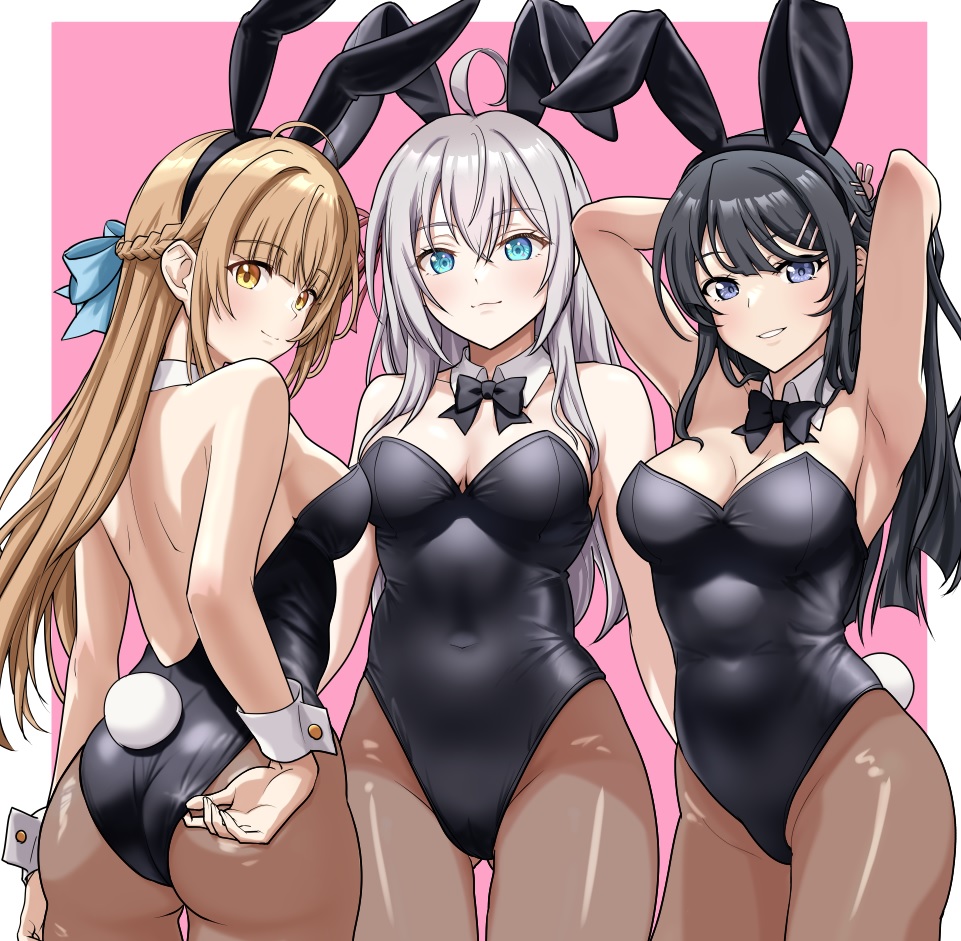 3girls, adjusting_clothes, adjusting_leotard, ahoge, alisa_mikhailovna_kujou, animal_ear_hairband, animal_ears, ass, black_bow, black_bowtie, black_hair, black_leotard, blue_eyes, bow, bowtie, braid, breasts, brown_eyes, brown_hair, brown_pantyhose, cheenosuke, cleavage, commentary_request, commission, crossover, detached_collar, fake_animal_ears, grey_eyes, grey_hair, hairband, half_up_braid, leotard, looking_at_viewer, looking_back, medium_breasts, multiple_girls, otonari_no_tenshi-sama_ni_itsu_no_mani_ka_dame_ningen_ni_sarete_ita_ken, pantyhose, pink_background, playboy_bunny, rabbit_ears, rabbit_tail, sakurajima_mai, season_connection, seishun_buta_yarou, shiina_mahiru_(otonari_no_tenshi-sama), skeb_commission, strapless, strapless_leotard, tail, tokidoki_bosotto_roshia-go_de_dereru_tonari_no_alya-san, wrist_cuffs