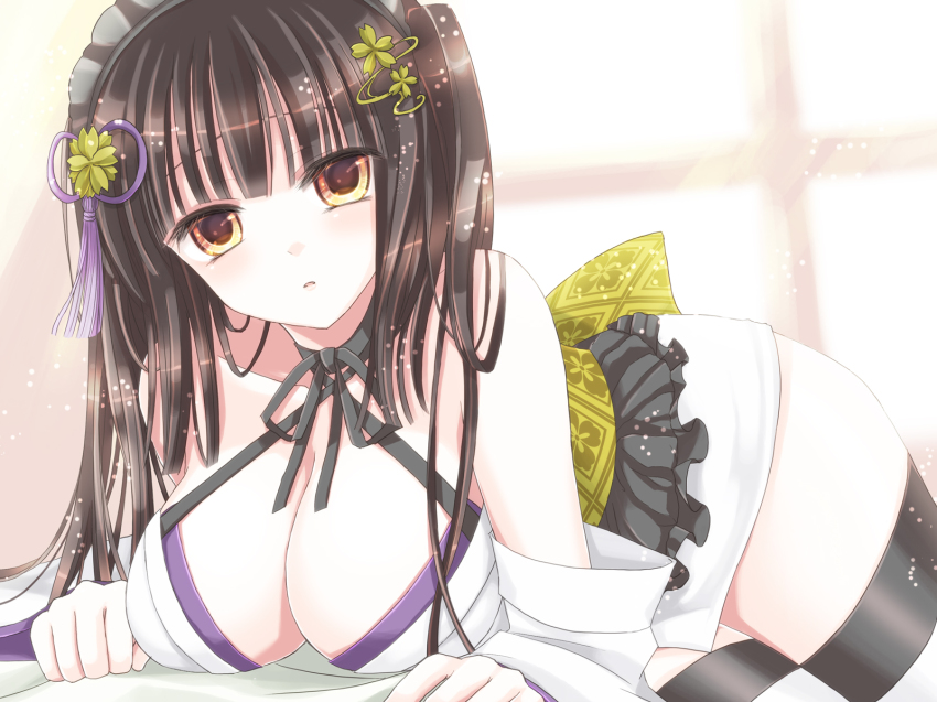 1girl, bare_shoulders, breasts, brown_eyes, brown_hair, cleavage, female_focus, hair_ornament