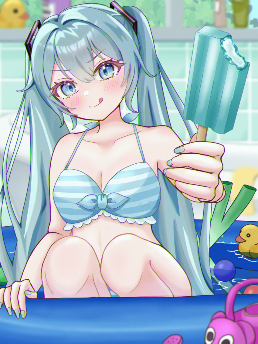 1girl, absurdres, aqua_bikini, aqua_eyes, aqua_hair, aqua_nails, bare_shoulders, bikini