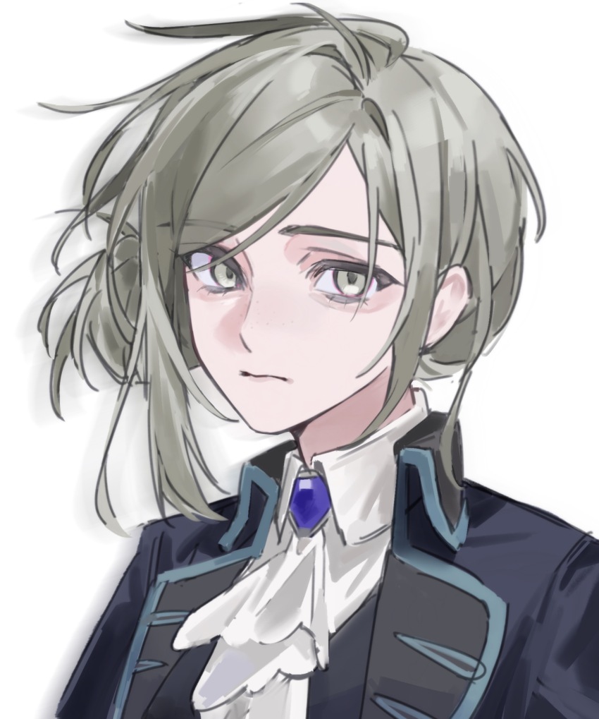 1girl, absurdres, ascot, black_coat, closed_mouth, coat, collared_shirt, grey_eyes, grey_hair, hair_bun, highres, looking_at_viewer, reverse:1999, shirt, short_hair, shuimeng_hua_suxie, single_side_bun, solo, upper_body, vertin_(reverse:1999), white_ascot, white_background, white_shirt