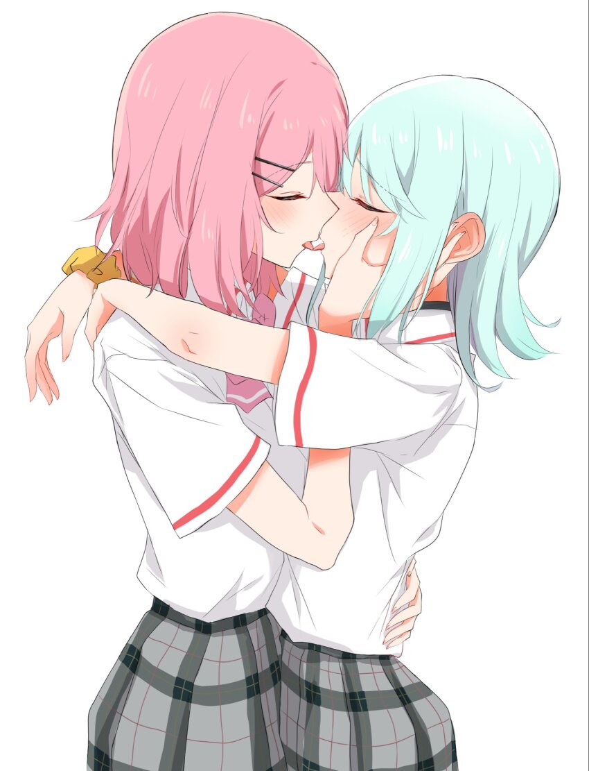 2girls, amaori_renako, arms_around_neck, blue_hair, blush, bow, bowtie, closed_eyes