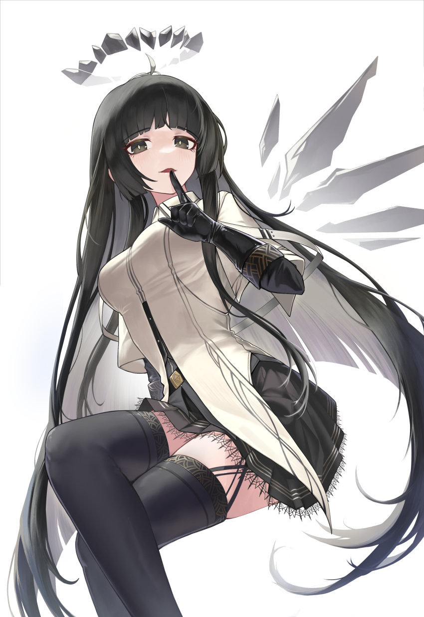1girl, absurdres, arknights, black_eyes, black_gloves, black_hair, black_halo, black_skirt, black_thighhighs, blunt_bangs, broken_halo, collared_shirt, crossed_legs, detached_wings, finger_to_mouth, garter_straps, gloves, halo, hand_up, highres, hime_cut, invisible_chair, jhini, long_hair, looking_at_viewer, mole, mole_under_eye, parted_lips, shirt, sidelocks, sitting, skirt, solo, thighhighs, virtuosa_(arknights), white_background, white_shirt, wings
