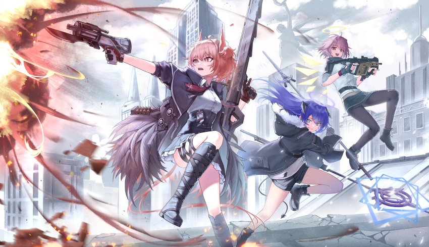 3girls, absurdres, arknights, battle, black_gloves, black_jacket, black_pantyhose, black_shorts