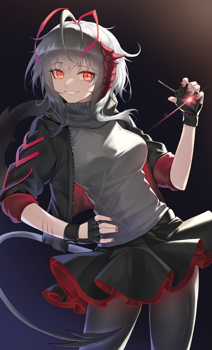 1girl, absurdres, antenna_hair, arknights, black_gloves, black_jacket, black_pantyhose, black_skirt