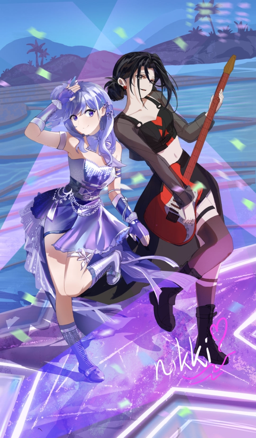 2girls, ankle_socks, arm_ribbon, arm_warmers, armband, asymmetrical_legwear, asymmetrical_skirt, bass_guitar, beach, black_boots, black_hair, black_lips, black_shirt, black_skirt, blue_sky, boots, bow, bow_choker, bowtie, chinese_commentary, choker, closed_mouth, collarbone, commentary_request, confetti, copyright_name, counterflow_concerto_(infinity_nikki), crop_top, dress, earrings, eyelashes, feather_hair_ornament, feathers, fingerless_gloves, frilled_arm_warmers, frills, full_body, gloves, grey_eyes, grey_thighhighs, guitar, hair_bow, hair_bun, hair_ornament, hair_over_shoulder, hand_on_own_head, happy, headset, highres, idol, infinity_nikki, instrument, island, jewelry, knee_boots, leg_up, light_blush, lipstick, long_hair, long_skirt, long_sleeves, makeup, midriff, mingastrid, multiple_girls, music, navel, night, nikki_(series), one_side_up, outdoors, palm_tree, playing_guitar, playing_instrument, punk, purple_arm_warmers, purple_bow, purple_bowtie, purple_dress, purple_eyes, purple_gloves, purple_hair, purple_ribbon, ribbon, see-through_clothes, see-through_sleeves, shadow, shirt, short_dress, short_hair, short_hair_with_long_locks, sidelocks, single_hair_bun, single_sock, single_thighhigh, skirt, sky, smile, socks, stage, stage_lights, standing, star_(symbol), starry_nocturne_(infinity_nikki), strapless, strapless_dress, tareme, thigh_strap, thighhighs, train_(clothing), tree, white_armband