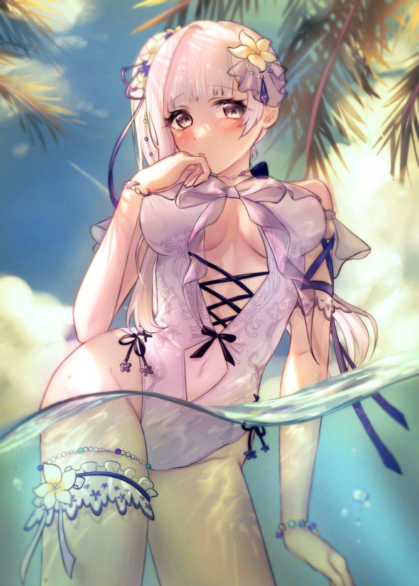 1girl, bare_hips, bare_shoulders, blue_sky, bracelet, breasts, cleavage, cloud