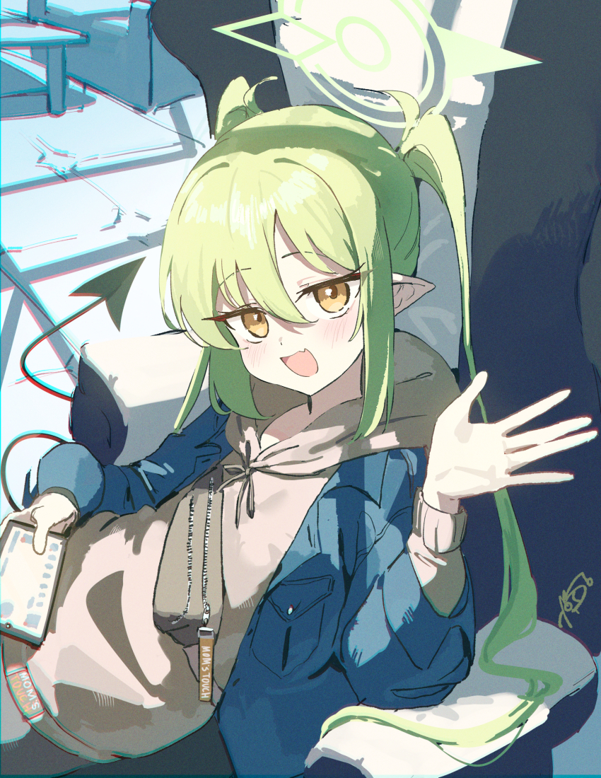 1girl, :d, blue_archive, blue_jacket, blush, brown_hoodie, chair, commentary