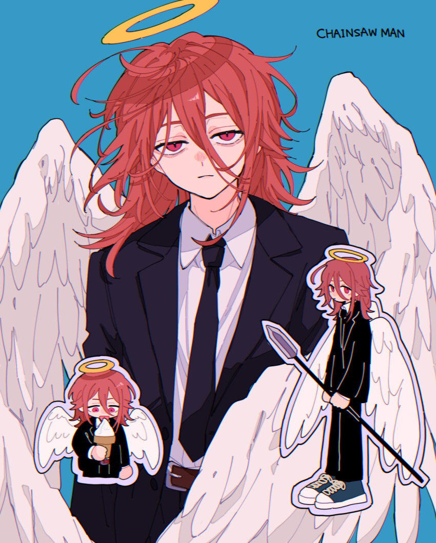 1boy, angel_devil_(chainsaw_man), angel_wings, black_jacket, black_necktie, black_pants, blue_background, chainsaw_man